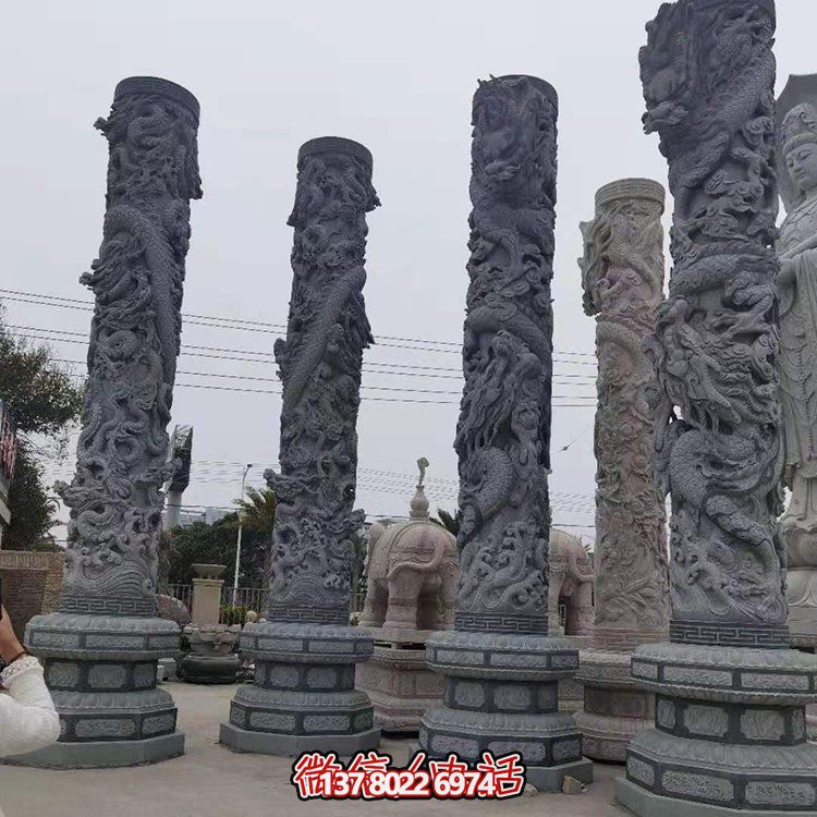 青石浮雕龍柱，精美石雕園林景觀裝飾