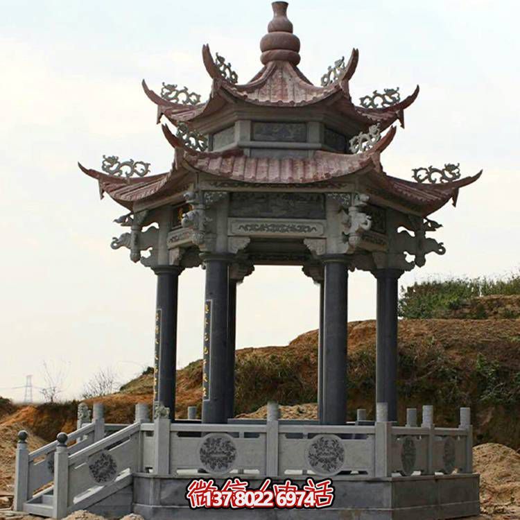 古典風格二層涼亭，青石雕刻仿古園林戶外擺放