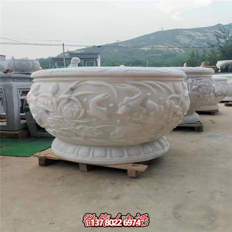 古典經(jīng)典，漢白玉鯉魚雕刻圓形水缸